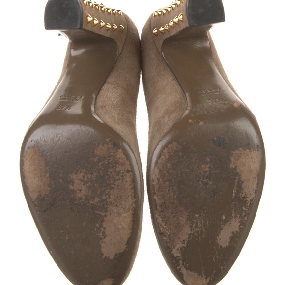 Gucci Suede Tan Block Heel Pumps Gold Studded Accent IT 37.5 - Picture 5 of 6